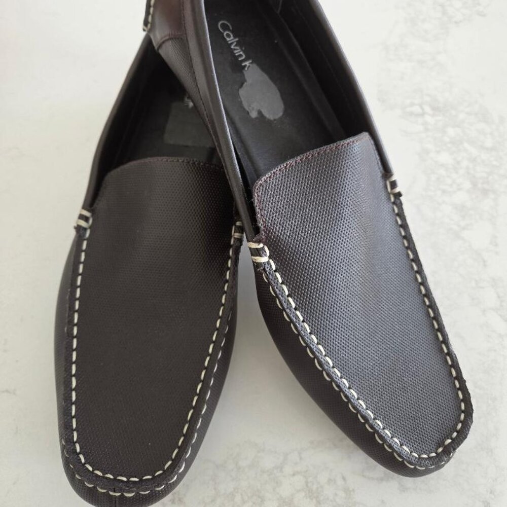 Calvin Klein New Chocolate Brown Textured Leather Moccasin Loafers 12
